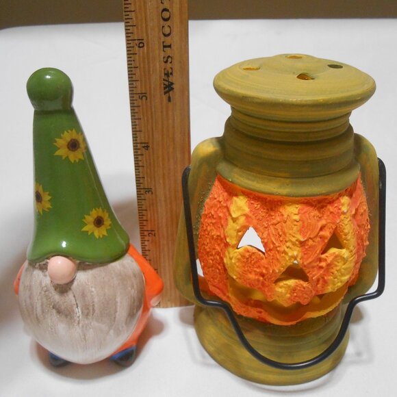 LOT HALLOWEEN DECOR PUMPKIN CANDLE HOLDER LANTERN & PORCELAIN GNOME 6 INCHES π - Picture 1 of 9